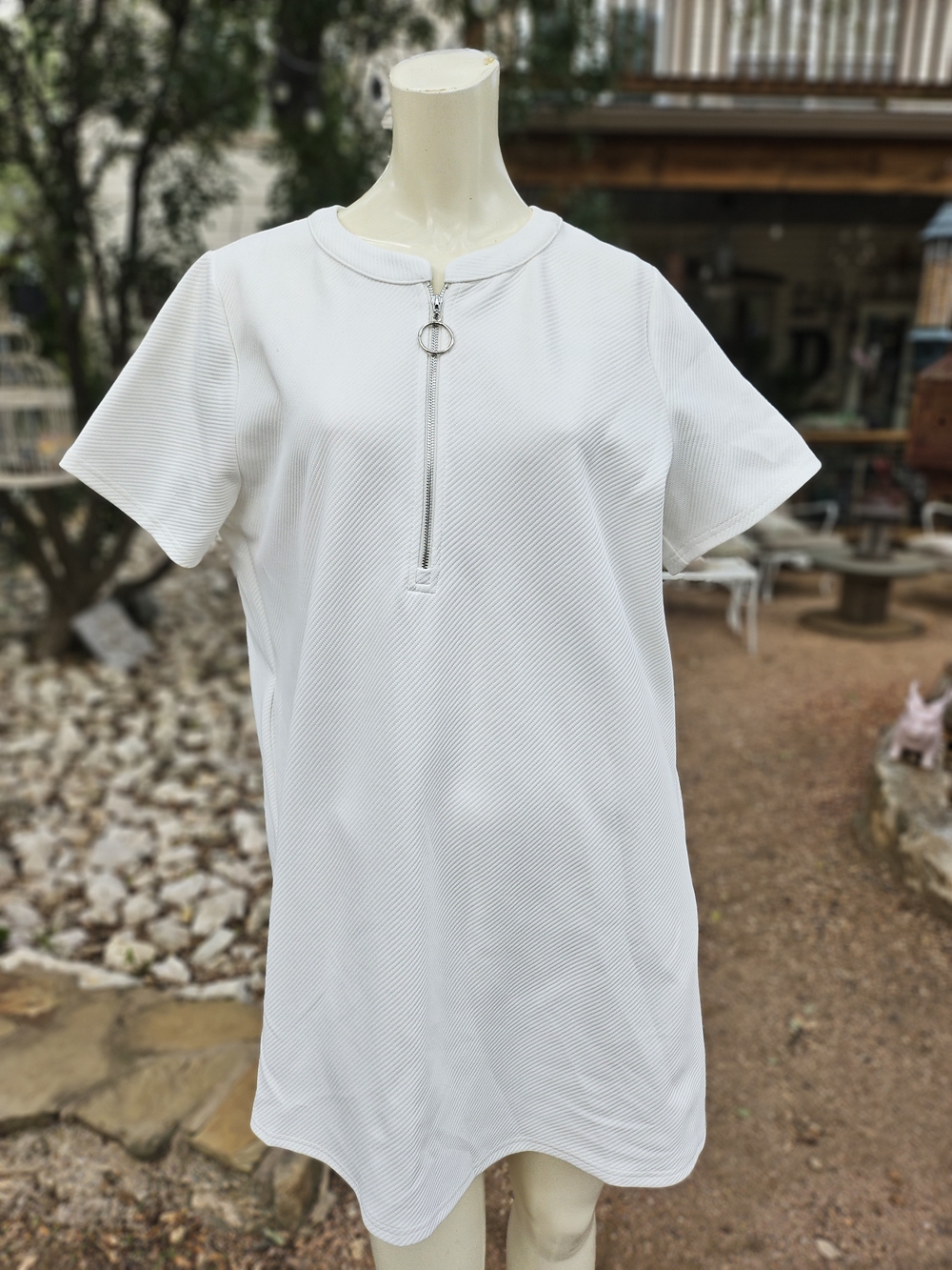 entro White Short Sleeve Ribbed Zip-Front Tunic Mini Dress L